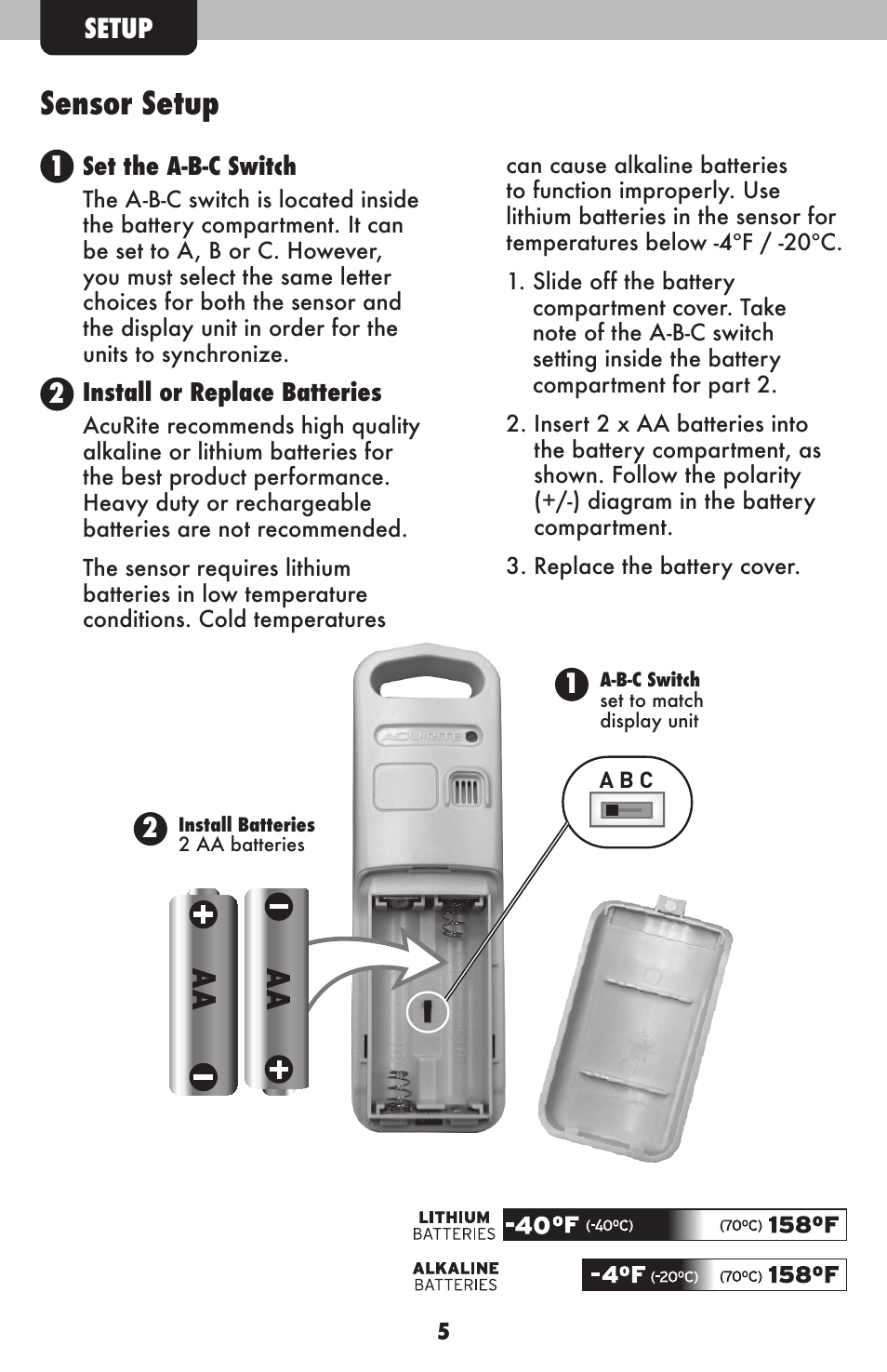 Sensor setup, Setup | AcuRite 02038W Weather Station User Manual | Page 5 / 16