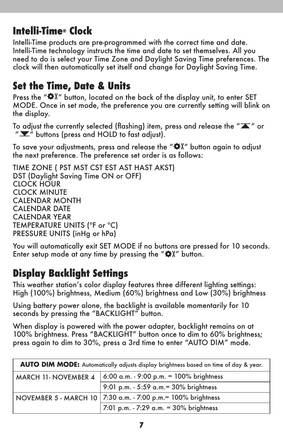 Intelli-time, Clock, Set the time, date & units | Display backlight settings | AcuRite 02038W Weather Station User Manual | Page 7 / 16