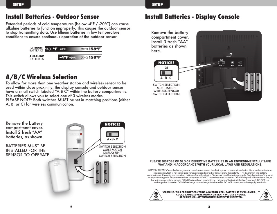 Install batteries - outdoor sensor, A/b/c wireless selection, Install batteries - display console | AcuRite 02037W Weather Station User Manual | Page 3 / 9