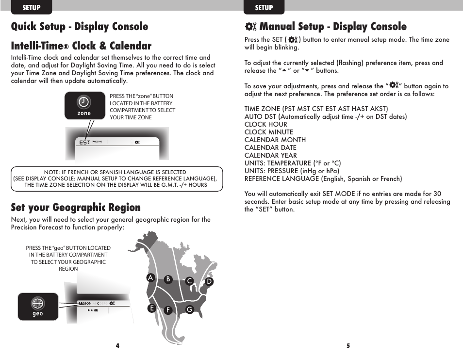 Quick setup - display console, Manual setup - display console, Intelli-time | Clock & calendar set your geographic region | AcuRite 02037W Weather Station User Manual | Page 4 / 9