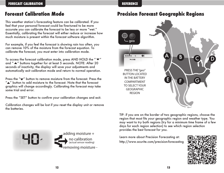 Precision forecast geographic regions, Forecast calibration mode | AcuRite 02037W Weather Station User Manual | Page 8 / 9