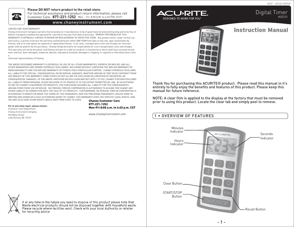 AcuRite 00535 Timer User Manual | 2 pages