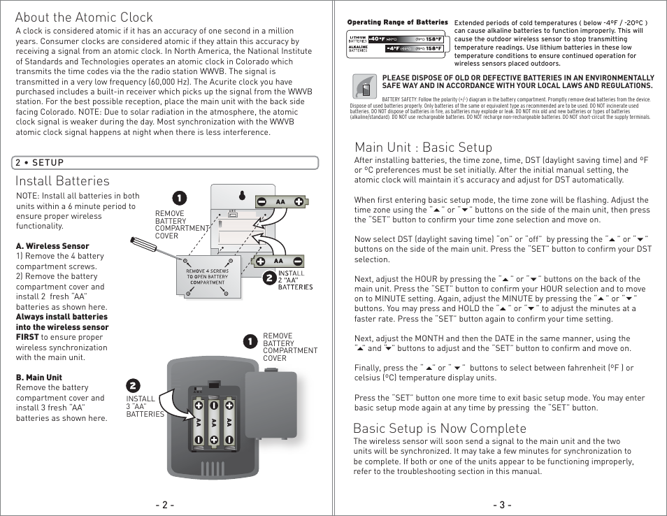 02002 - inst08 pg2.pdf, Install batteries main unit : basic setup, Basic setup is now complete | About the atomic clock | AcuRite 02002 Thermometer User Manual | Page 2 / 8