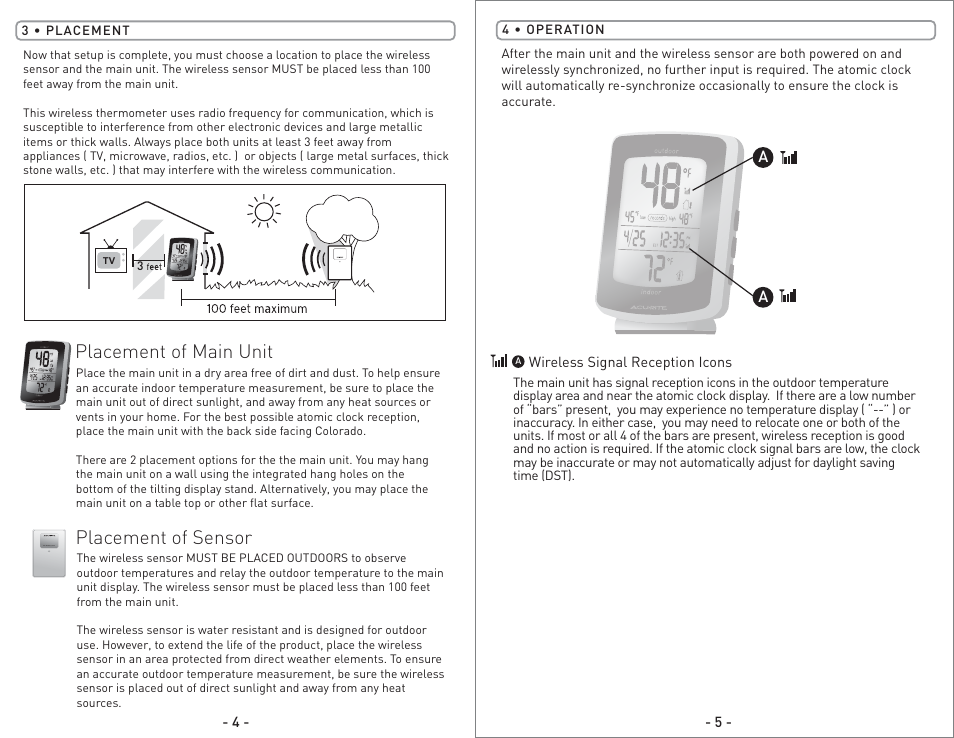 02002 - inst08 pg3.pdf, Placement of main unit, Placement of sensor | AcuRite 02002 Thermometer User Manual | Page 3 / 8