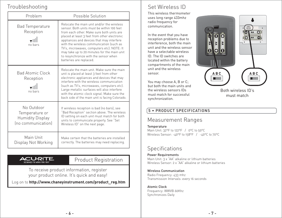 02002 - inst08 pg4.pdf, Set wireless id, Troubleshooting measurement ranges | Specifications, Product registration | AcuRite 02002 Thermometer User Manual | Page 4 / 8