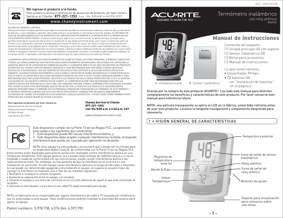 02002 - inst08 sp.pg5.pdf, Manual de instrucciones, Termómetro inalámbrico | AcuRite 02002 Thermometer User Manual | Page 5 / 8