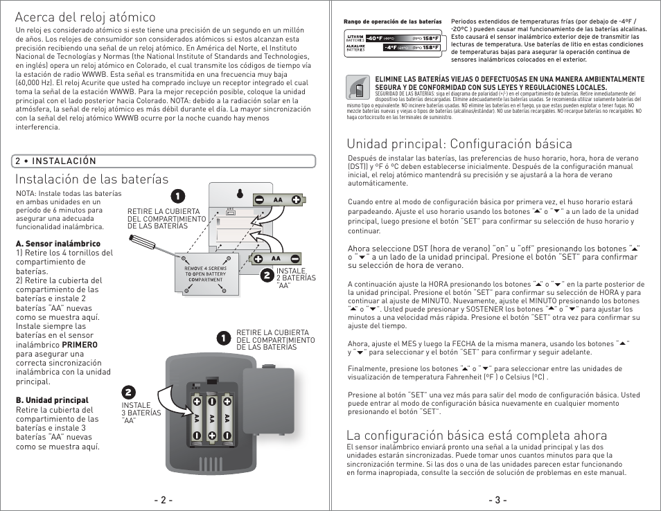 02002 - inst08 sp.pg6.pdf, Instalación de las baterías, Acerca del reloj atómico | La configuración básica está completa ahora, Unidad principal: configuración básica | AcuRite 02002 Thermometer User Manual | Page 6 / 8