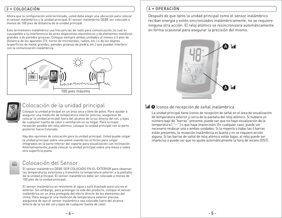 02002 - inst08 sp.pg7.pdf, Colocación de la unidad principal, Colocación del sensor | AcuRite 02002 Thermometer User Manual | Page 7 / 8