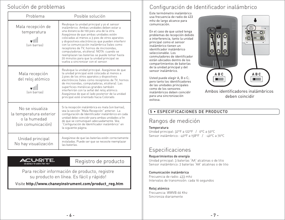 02002 - inst08 sp.pg8.pdf, Configuración de identificador inalámbrico, Solución de problemas rangos de medición | Especificaciones, Registro de producto | AcuRite 02002 Thermometer User Manual | Page 8 / 8