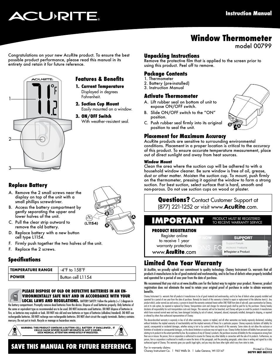 AcuRite 00799 Thermometer User Manual | 2 pages