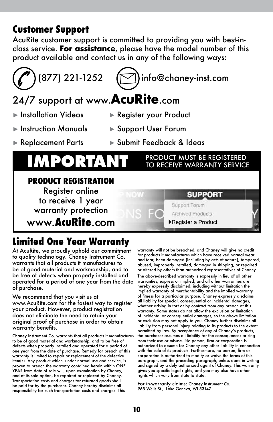 Important, Acurite, Limited one year warranty | Customer support, Installation videos, Register your product, Instruction manuals, Support user forum, Replacement parts, Submit feedback & ideas | AcuRite 00821 Weather Station User Manual | Page 10 / 12