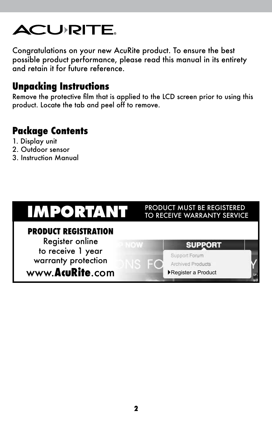 Important, Unpacking instructions, Package contents | AcuRite 00821 Weather Station User Manual | Page 2 / 12