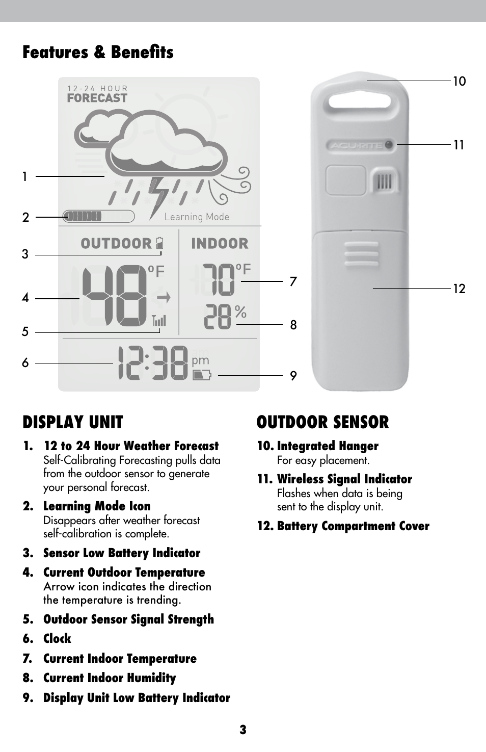 Features & benefits, Display unit, Outdoor sensor | AcuRite 00821 Weather Station User Manual | Page 3 / 12