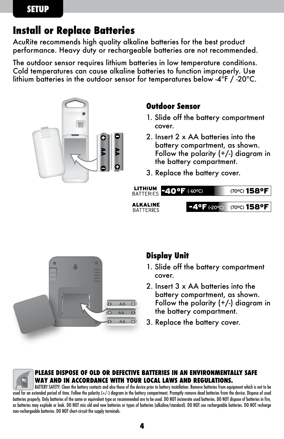 Install or replace batteries, Setup | AcuRite 00821 Weather Station User Manual | Page 4 / 12