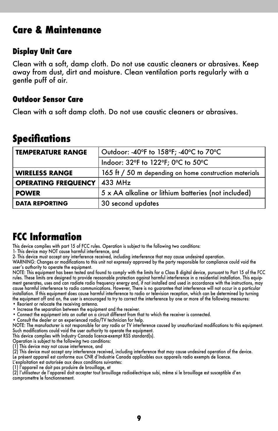Care & maintenance, Specifications, Fcc information | Display unit care, Outdoor sensor care | AcuRite 00821 Weather Station User Manual | Page 9 / 12