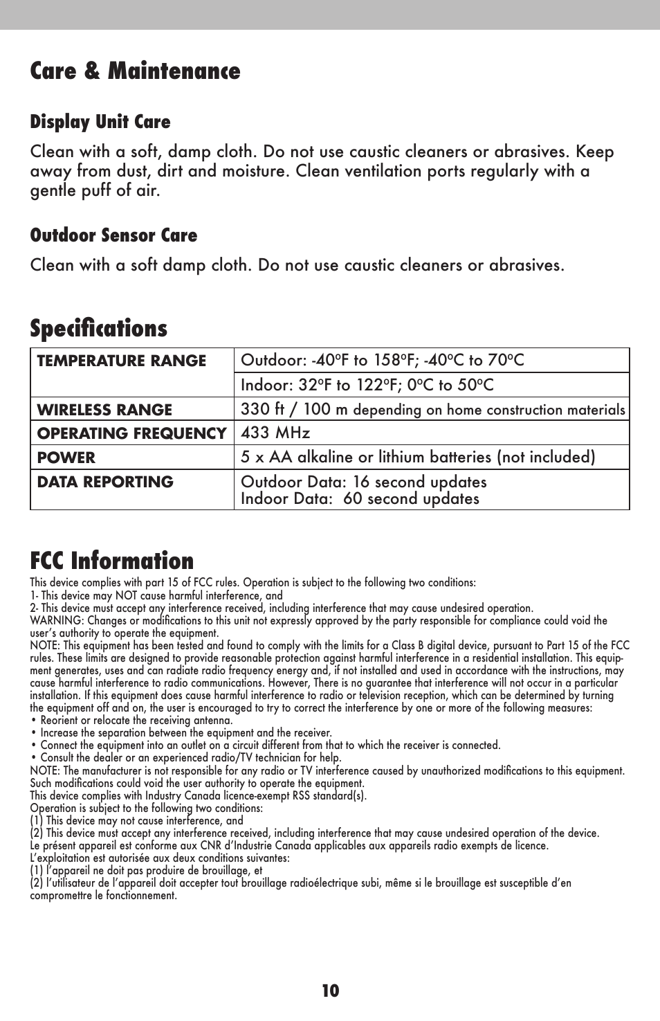 Care & maintenance, Specifications, Fcc information | Display unit care, Outdoor sensor care | AcuRite 75107 Weather Station User Manual | Page 10 / 12