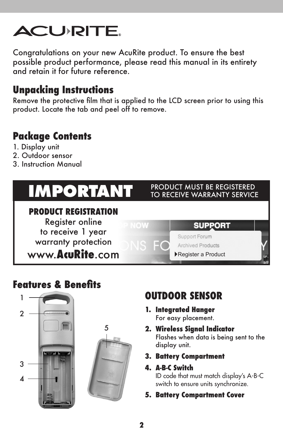Important, Unpacking instructions, Package contents | Features & benefits, Outdoor sensor | AcuRite 75107 Weather Station User Manual | Page 2 / 12