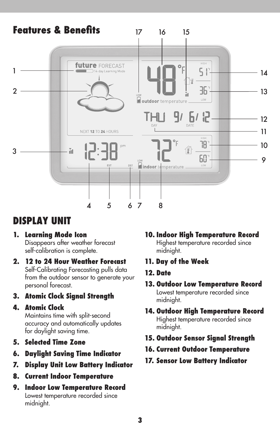 Features & benefits, Display unit | AcuRite 75107 Weather Station User Manual | Page 3 / 12