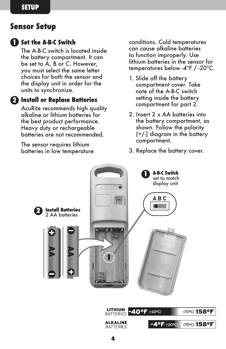 Sensor setup, Setup | AcuRite 75107 Weather Station User Manual | Page 4 / 12