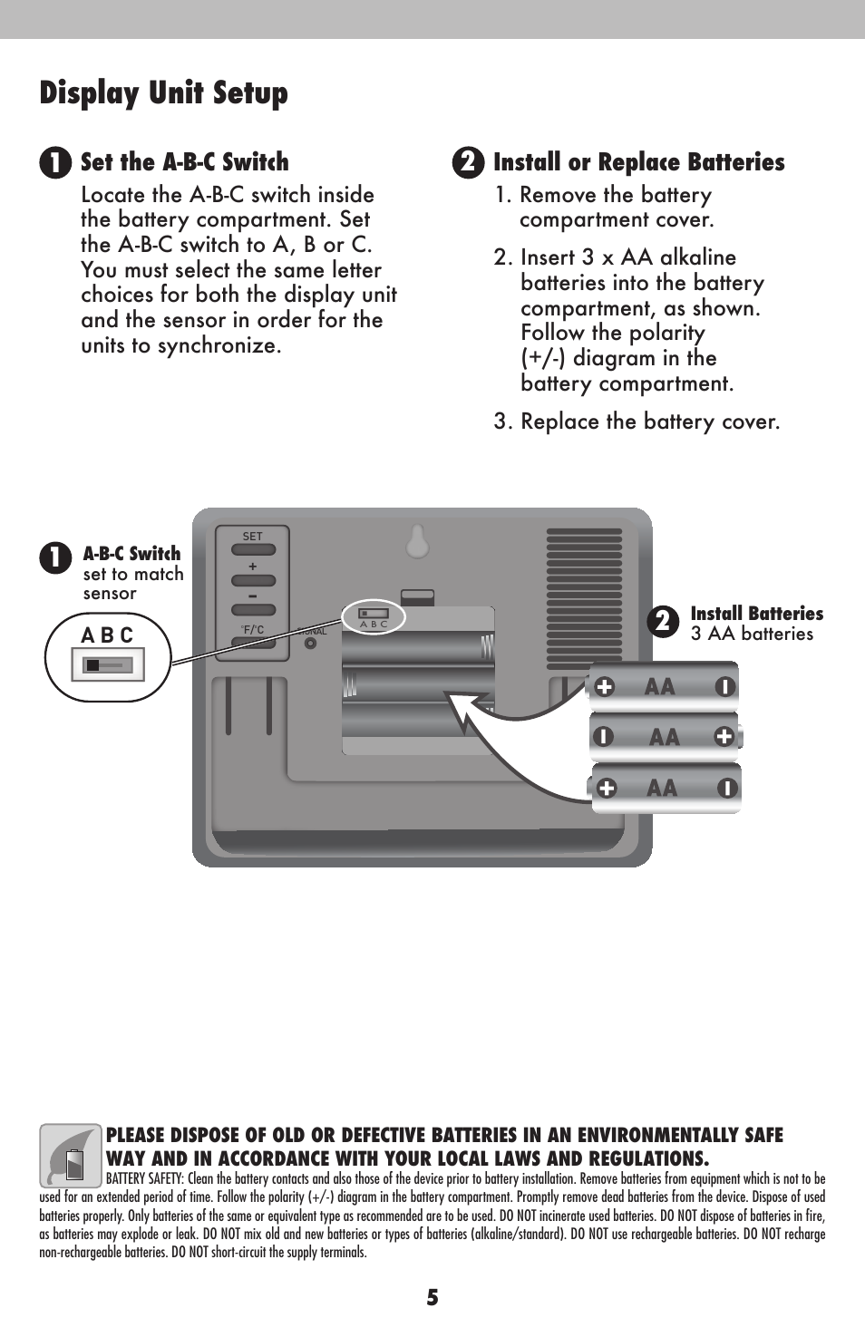 Display unit setup, Set the a-b-c switch, Install or replace batteries | AcuRite 75107 Weather Station User Manual | Page 5 / 12