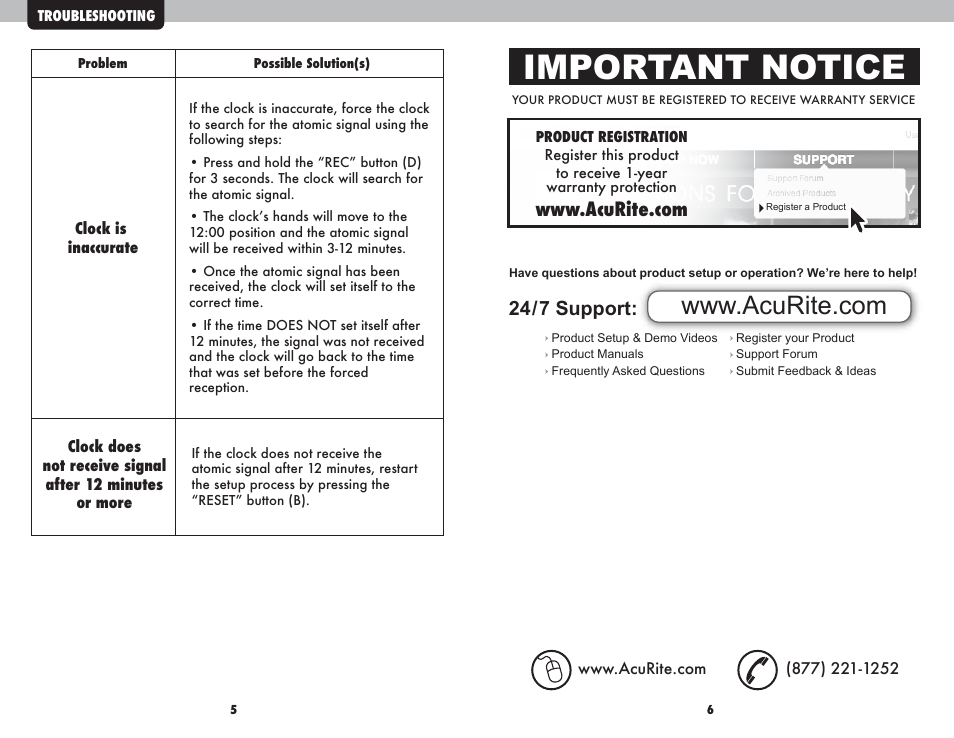 Important notice, 24/7 support | AcuRite 50314 Clock User Manual | Page 4 / 4