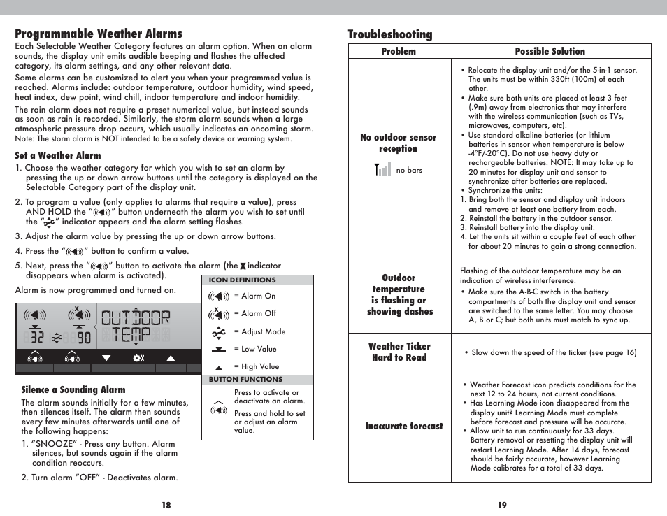 Troubleshooting, Programmable weather alarms | AcuRite 01035 Weather Station User Manual | Page 10 / 13