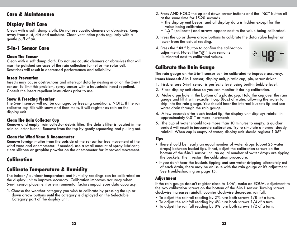 Care & maintenance display unit care, In-1 sensor care, Calibration calibrate temperature & humidity | Calibrate the rain gauge | AcuRite 01035 Weather Station User Manual | Page 12 / 13