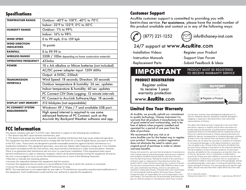 Important, Fcc information, Specifications | Limited one year warranty customer support, 24/7 support at | AcuRite 01035 Weather Station User Manual | Page 13 / 13