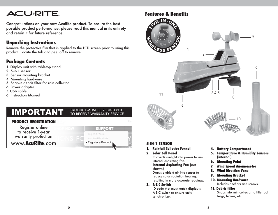 Important, Unpacking instructions, Package contents | Features & benefits | AcuRite 01035 Weather Station User Manual | Page 2 / 13
