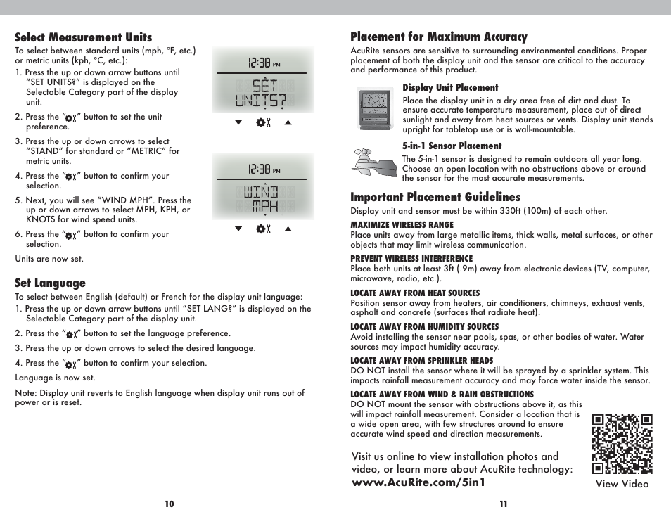 Placement for maximum accuracy, Important placement guidelines, Select measurement units | Set language | AcuRite 01035 Weather Station User Manual | Page 6 / 13
