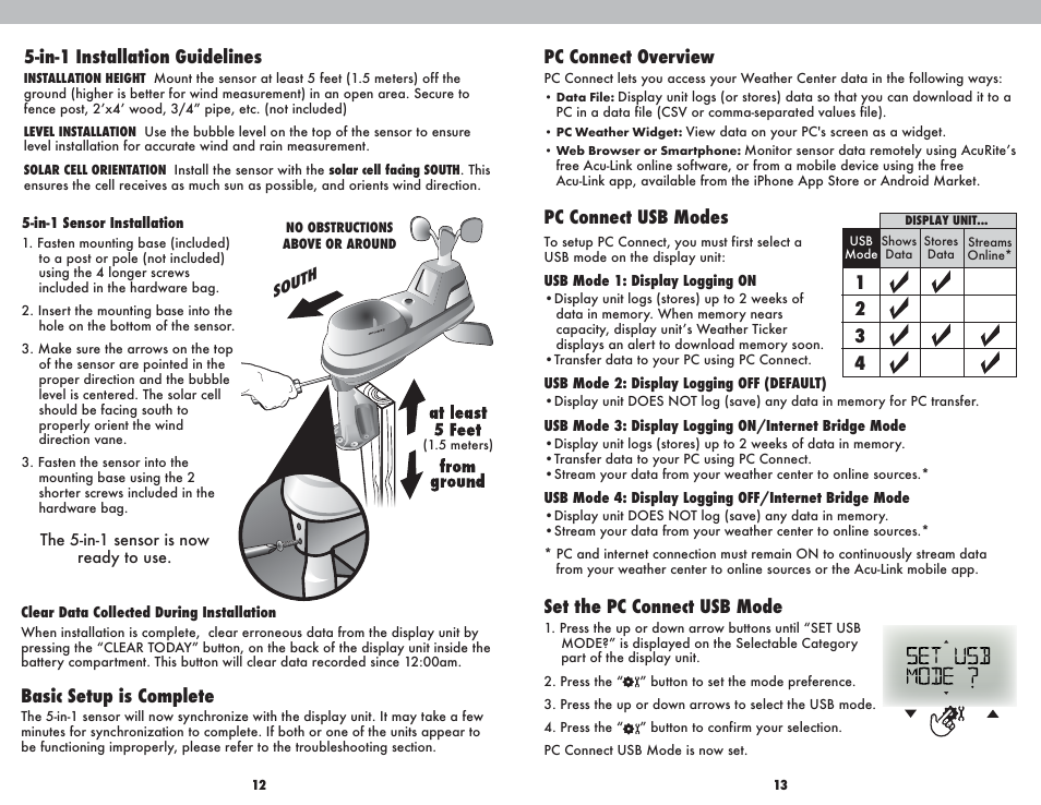 In-1 installation guidelines, Pc connect overview, Basic setup is complete | Set the pc connect usb mode, Pc connect usb modes | AcuRite 01035 Weather Station User Manual | Page 7 / 13