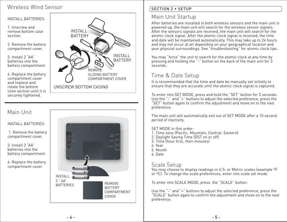 00825 - inst08 pg3.pdf, Wireless wind sensor, Main unit | Main unit startup, Scale setup, Time & date setup | AcuRite 00825 Weather Station User Manual | Page 3 / 14