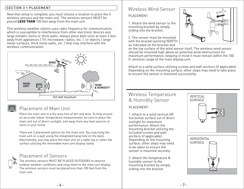 00825 - inst08.pg4.pdf, Placement of main unit, Placement of sensors | Wireless temperature & humidity sensor, Wireless wind sensor | AcuRite 00825 Weather Station User Manual | Page 4 / 14