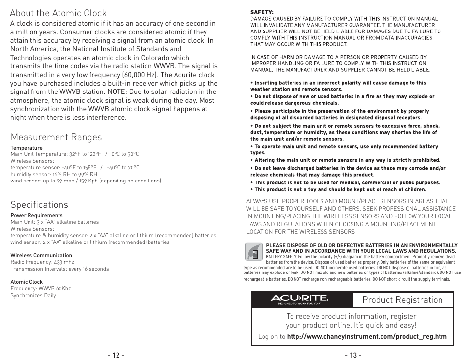 00825 - inst08 pg7.pdf, Measurement ranges, Specifications | About the atomic clock, Product registration | AcuRite 00825 Weather Station User Manual | Page 7 / 14