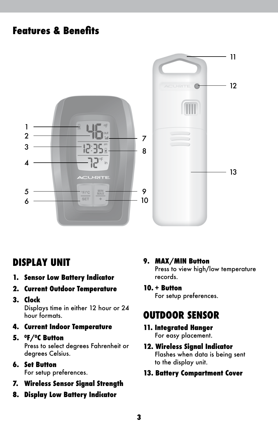 Features & benefits, Display unit, Outdoor sensor | AcuRite 00420 Thermometer User Manual | Page 3 / 12