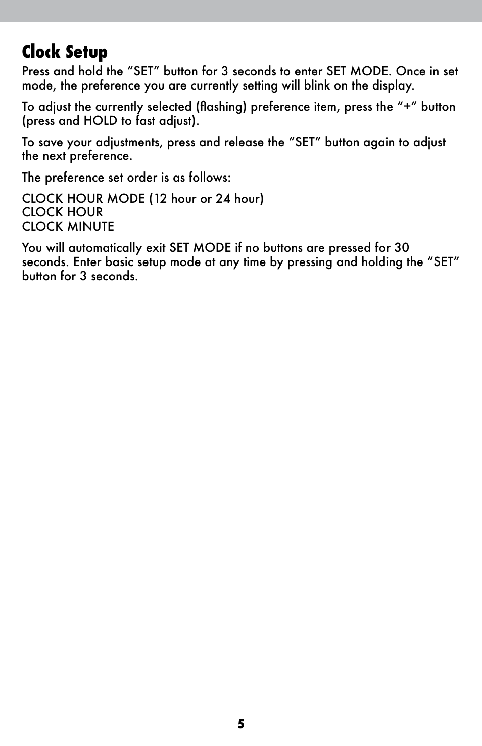 Clock setup | AcuRite 00420 Thermometer User Manual | Page 5 / 12