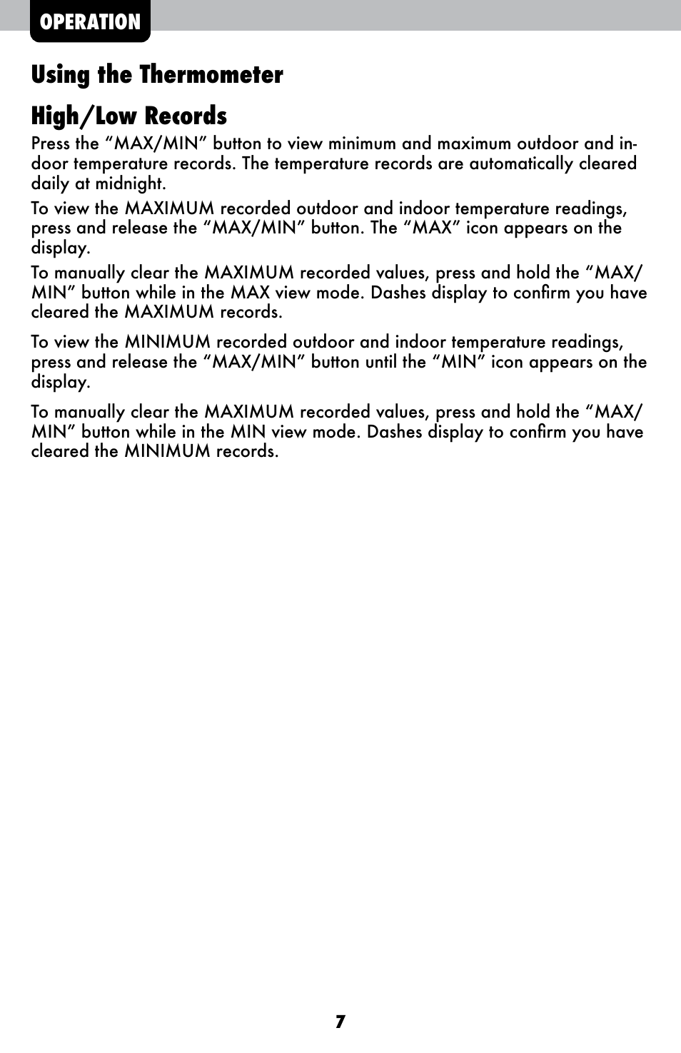 Using the thermometer high/low records | AcuRite 00420 Thermometer User Manual | Page 7 / 12