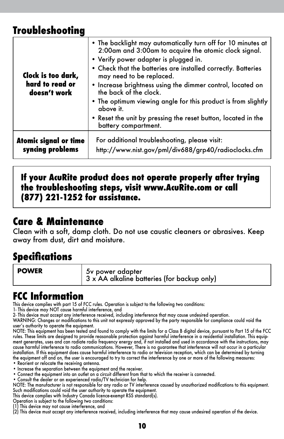 Troubleshooting, Care & maintenance, Specifications | Fcc information | AcuRite 13021 Alarm Clock User Manual | Page 10 / 12