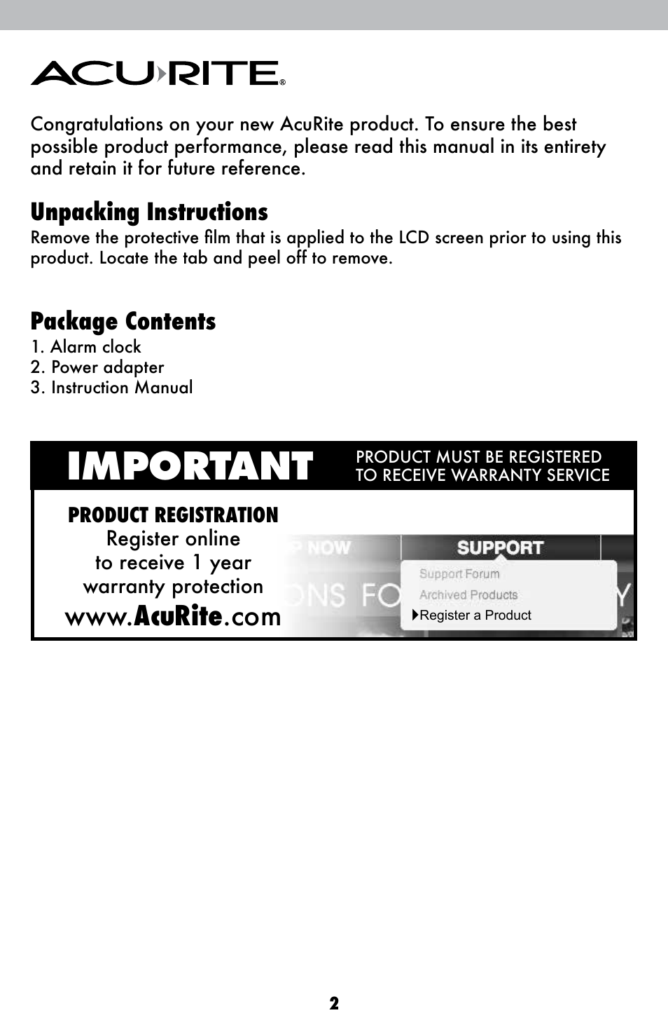 Important, Unpacking instructions, Package contents | AcuRite 13021 Alarm Clock User Manual | Page 2 / 12