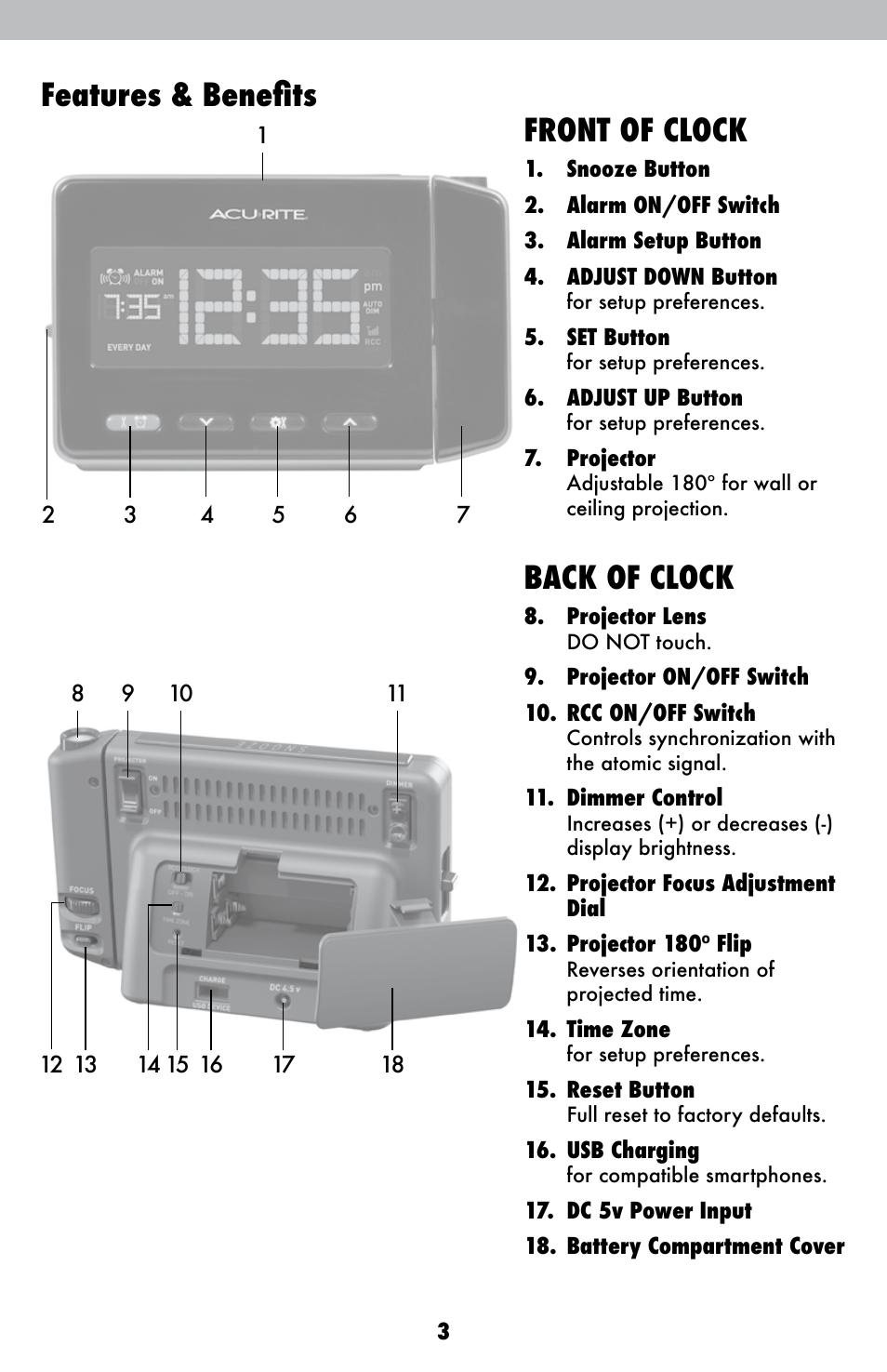 Features & benefits back of clock, Front of clock | AcuRite 13021 Alarm Clock User Manual | Page 3 / 12