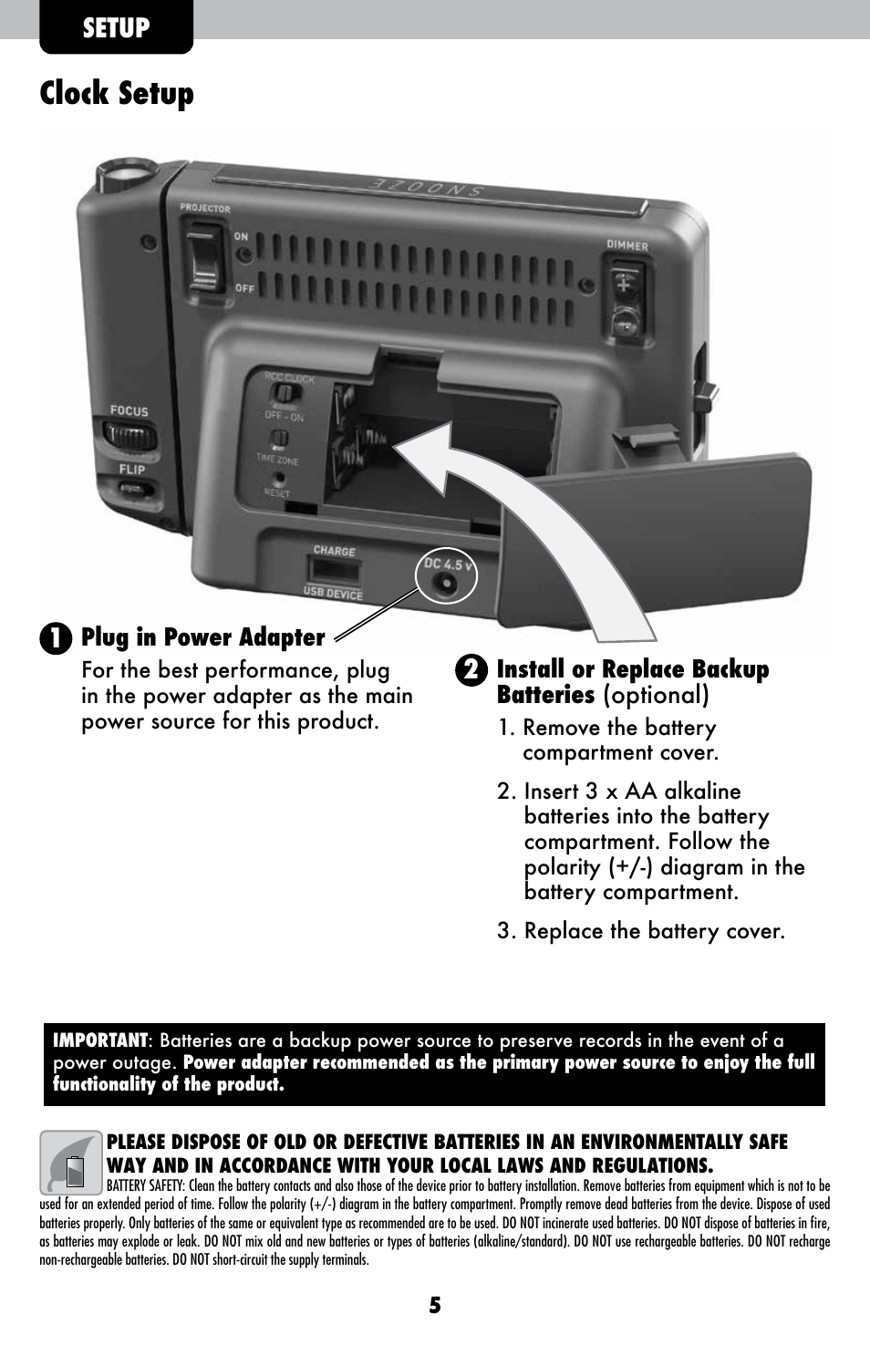 Clock setup, Setup | AcuRite 13021 Alarm Clock User Manual | Page 5 / 12