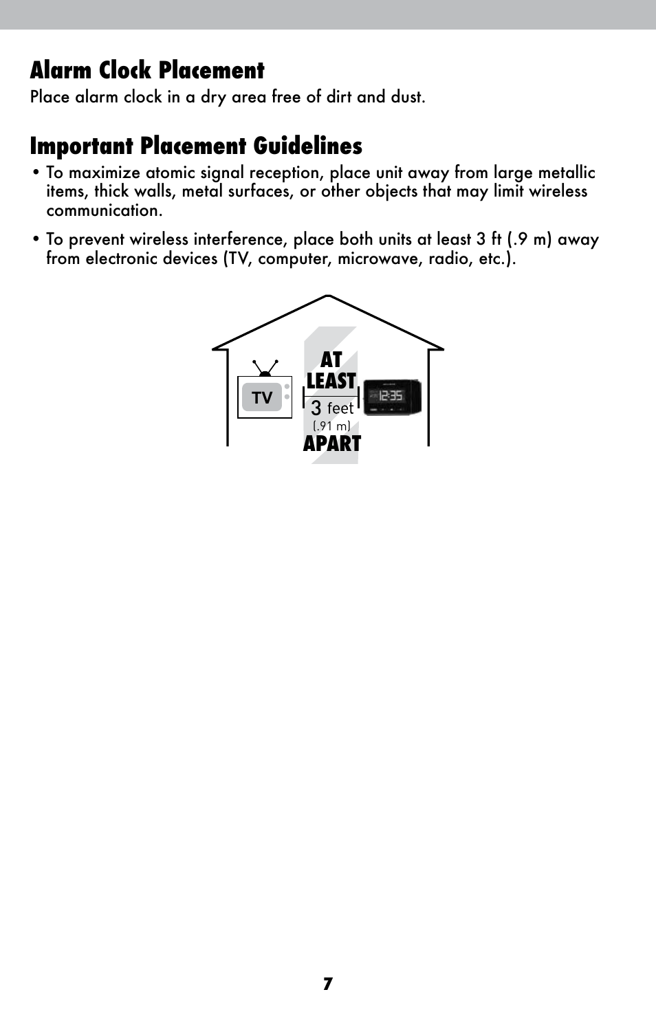 Alarm clock placement, Important placement guidelines, At least apart | AcuRite 13021 Alarm Clock User Manual | Page 7 / 12