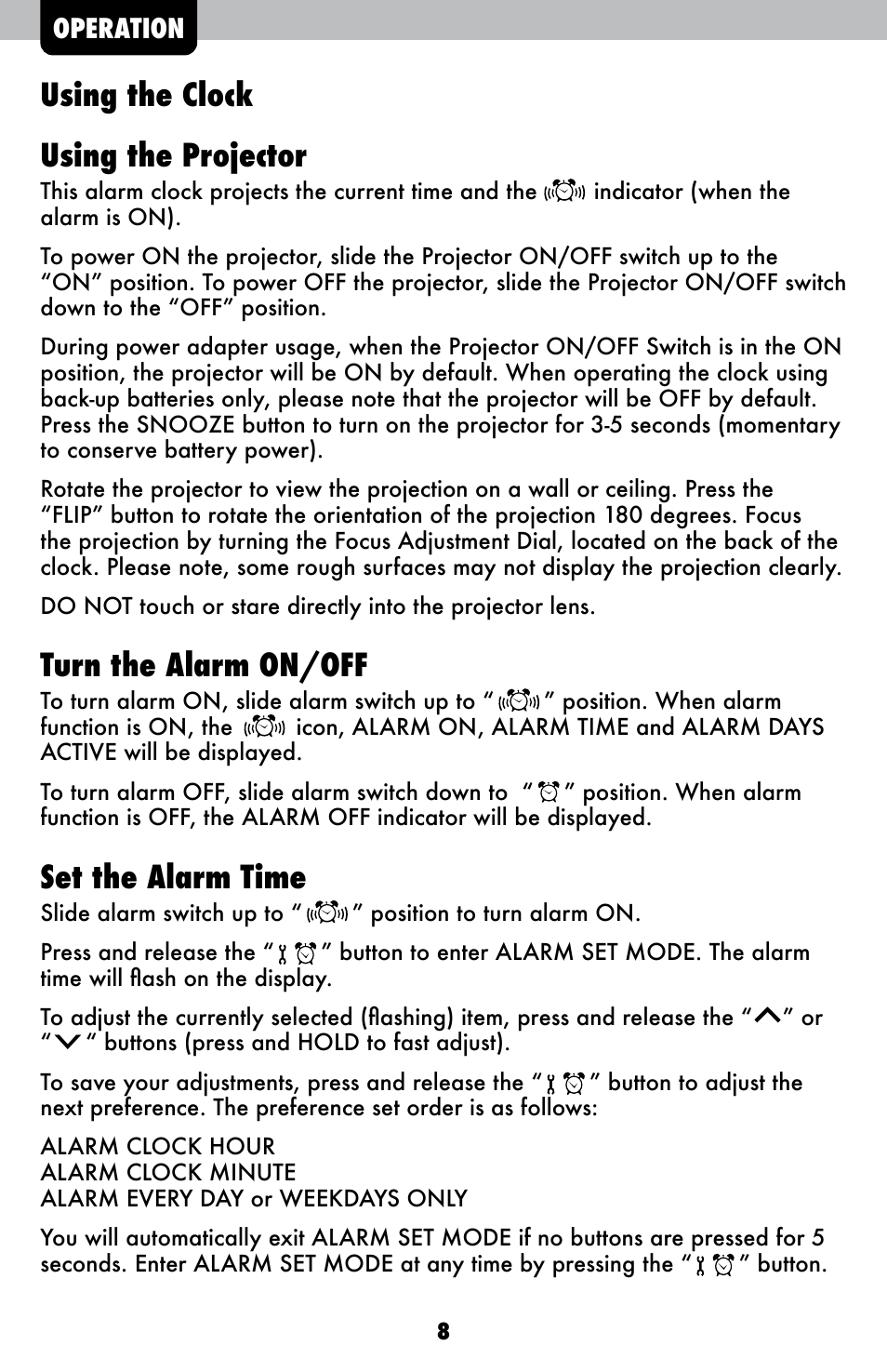 Using the clock using the projector, Turn the alarm on/off, Set the alarm time | AcuRite 13021 Alarm Clock User Manual | Page 8 / 12