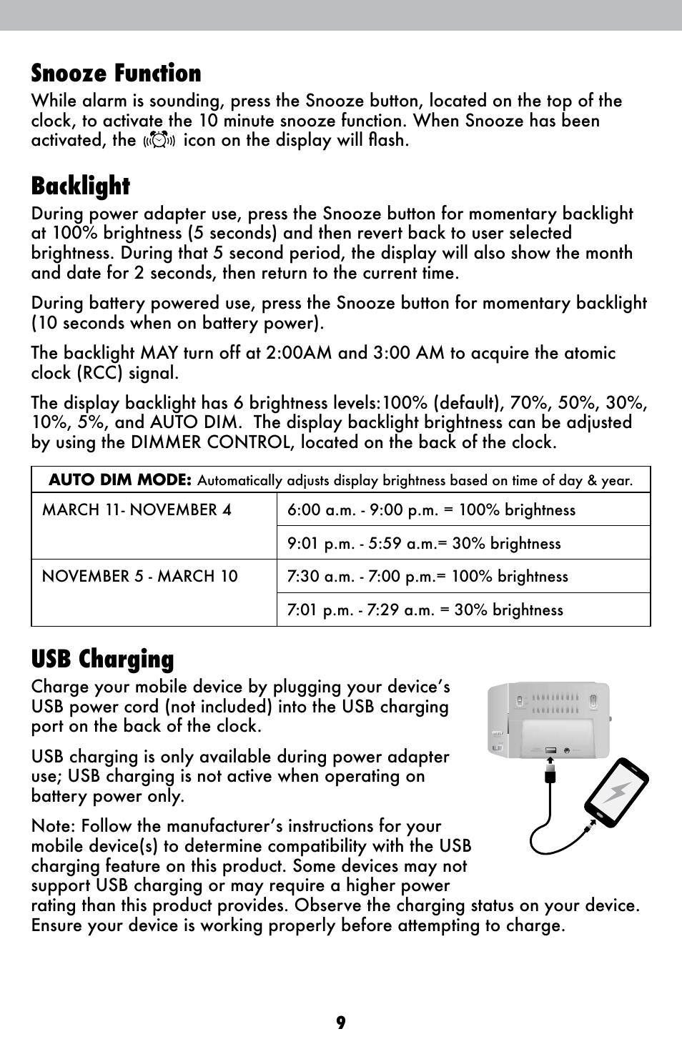 Snooze function, Backlight, Usb charging | AcuRite 13021 Alarm Clock User Manual | Page 9 / 12