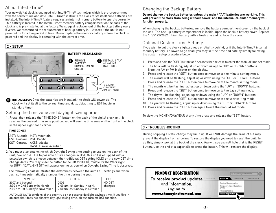 About intelli-time, Setting the time zone and daylight saving time, Optional custom time setting | Changing the backup battery | AcuRite 75071T Clock User Manual | Page 2 / 2