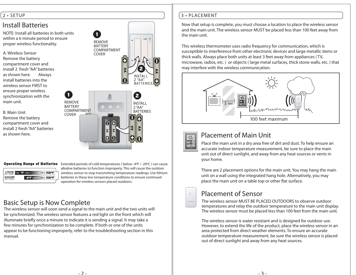 Install batteries, Basic setup is now complete, Placement of main unit | Placement of sensor | AcuRite 00832 Weather Station User Manual | Page 2 / 4