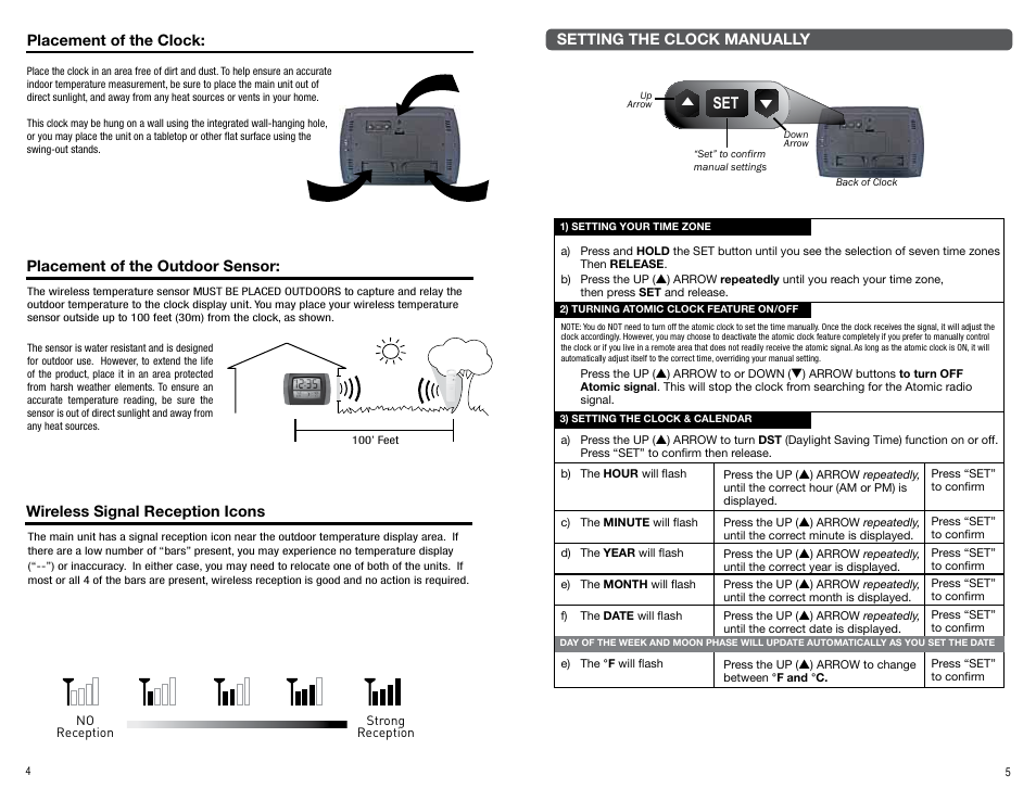 Setting the clock manually, Placement of the clock, Placement of the outdoor sensor | Wireless signal reception icons | AcuRite 75333TKL Clock User Manual | Page 4 / 4
