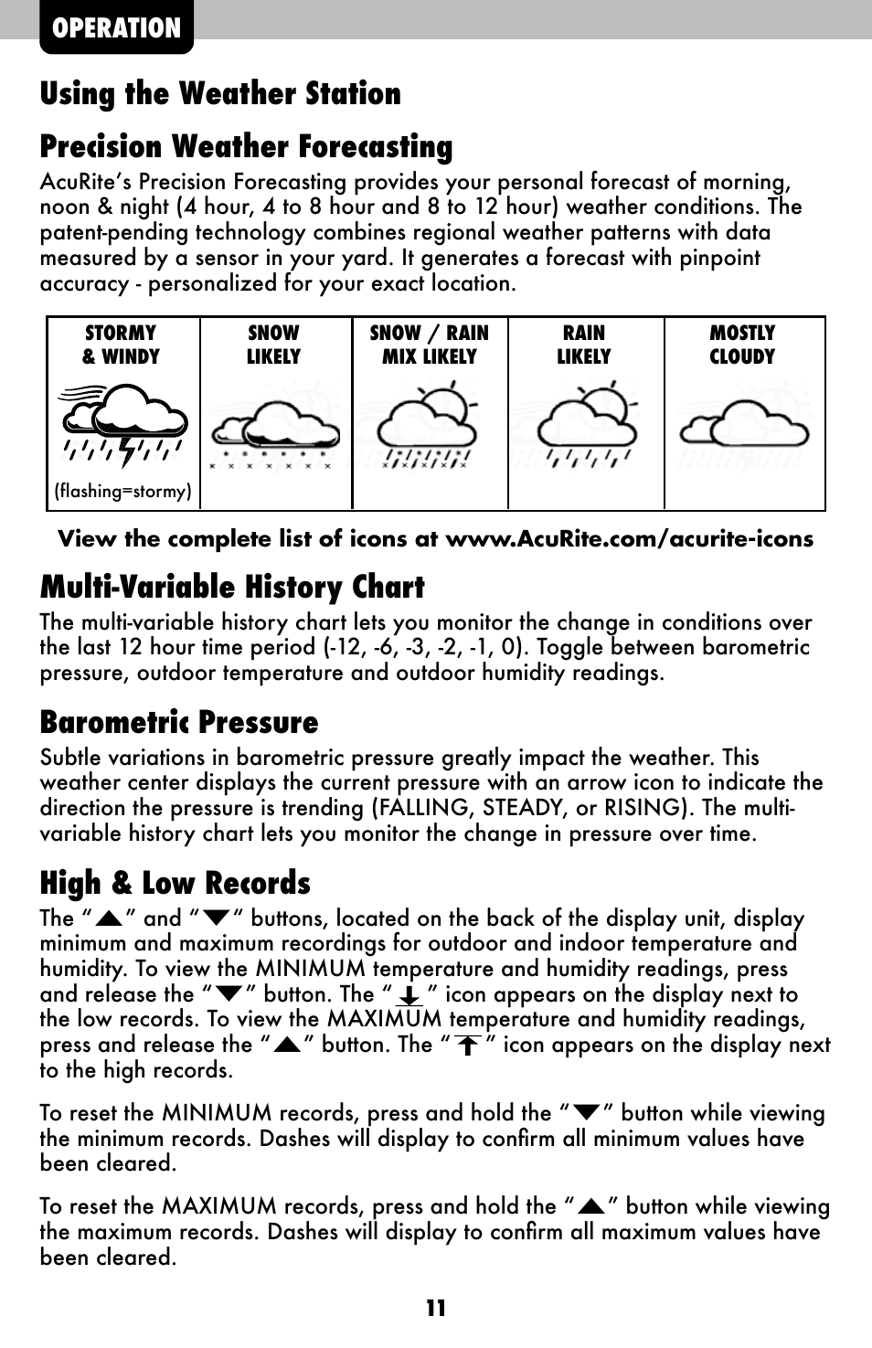 Multi-variable history chart, Barometric pressure, High & low records | Operation | AcuRite 02007 Weather Station User Manual | Page 11 / 17