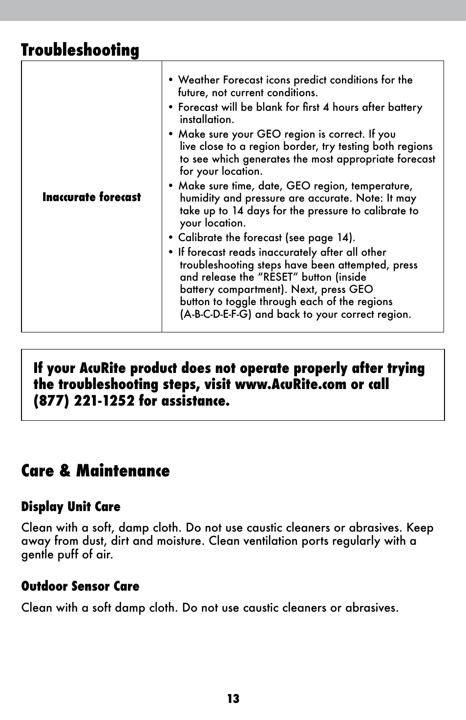 Troubleshooting, Care & maintenance | AcuRite 02007 Weather Station User Manual | Page 13 / 17