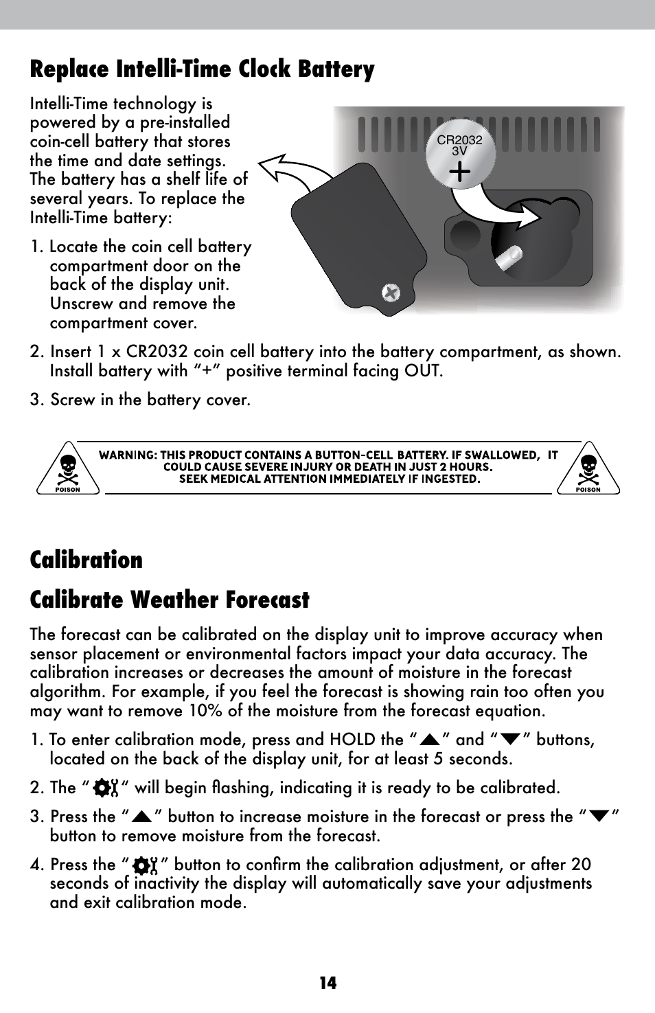 Replace intelli-time clock battery, Calibration calibrate weather forecast | AcuRite 02007 Weather Station User Manual | Page 14 / 17